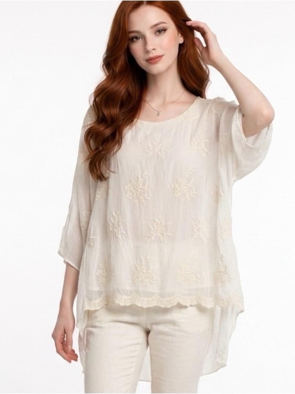 Angela Moda Italian Silk Blend Embroidered Top Size Medium NWT